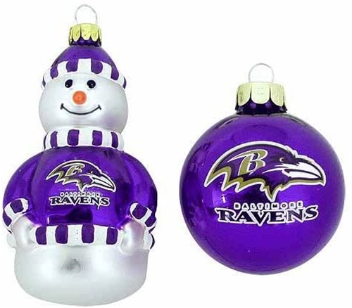 Baltimore Ravens NFL 2 Pack Snowman & Ball Blown Glass Ornament Gift Set *NEW*
