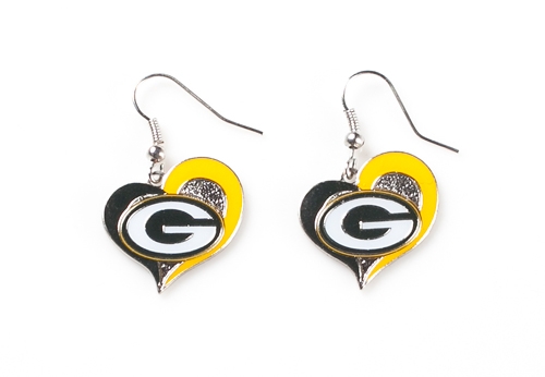 Green Bay Packers NFL Silver Swirl Heart Dangle Earrings *SALE*