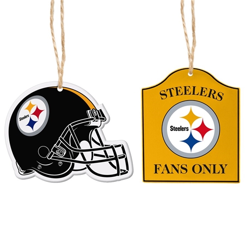 Pittsburgh Steelers NFL 2 Pack Wood Helmet & SIGN Ornament Set - 6 Count Case *NEW*