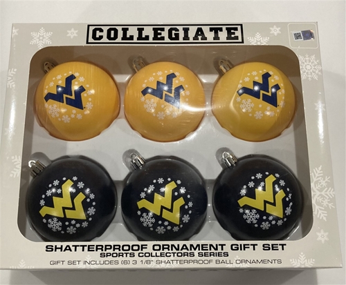 West Virginia Mountaineers NCAA 6 Pack Home & Away Shatter-Proof Ball Ornament Gift Set - 4ct Case *