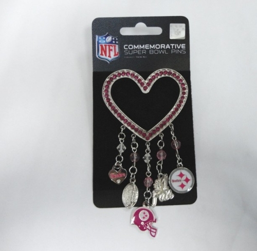 Pittsburgh Steelers NFL Pink Rhinestone Silver Heart 5 Charm Brooch Pin