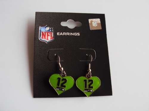 Seattle Seahawks 12th Man Green Heart NFL Silver Dangle Earrings