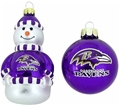 Baltimore Ravens NFL 2 Pack Snowman & Ball Blown Glass Ornament Gift Set *NEW*