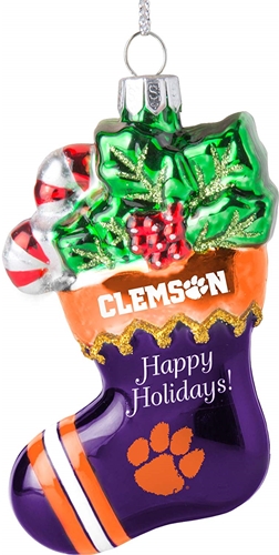 Clemson Tigers NCAA Blown Glass Glitter Stocking Ornament - 6 Count Case