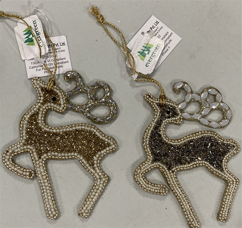 Wooden Beaded Deer Silver/Gold Christmas Tree Ornament 2 Assorted *NEW* - 12ct Case