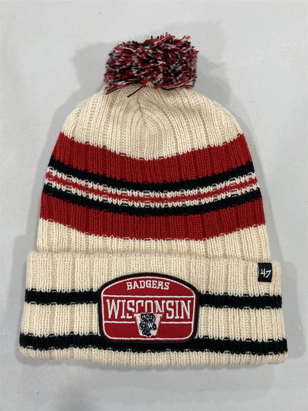 Wisconsin Badgers Vintage NCAA Natural Hone Patch Knit Cuff Cap w/ Pom *NEW*