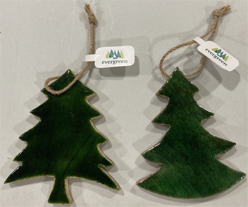 Green Glazed Wooden Christmas Tree Ornament 2 Assorted *NEW* - 12ct Case
